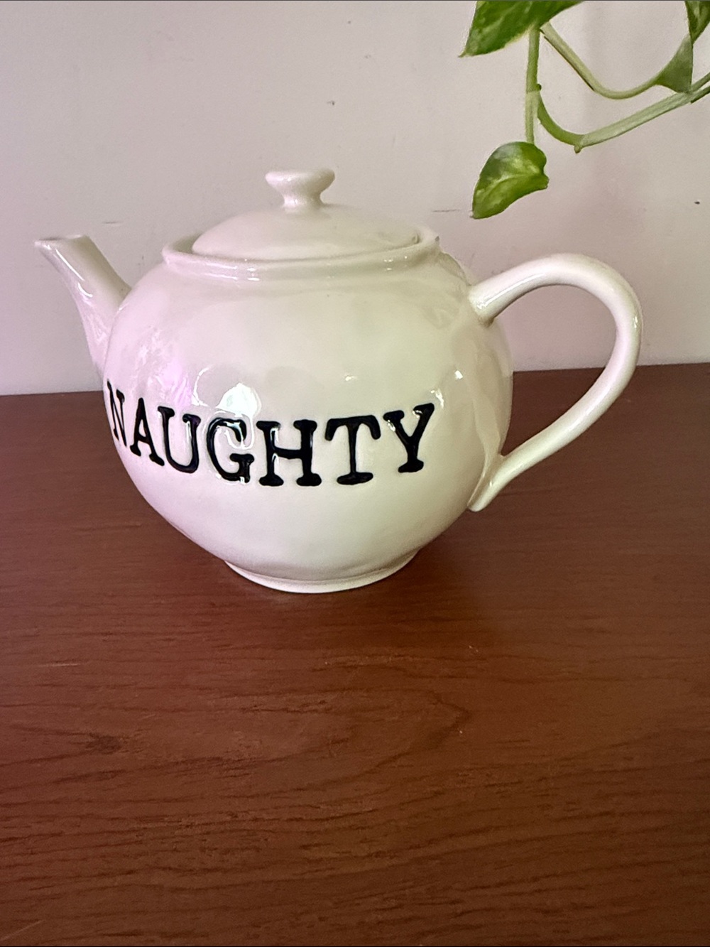 Pottery Barn "Naughty & Nice" white ceramic teapot